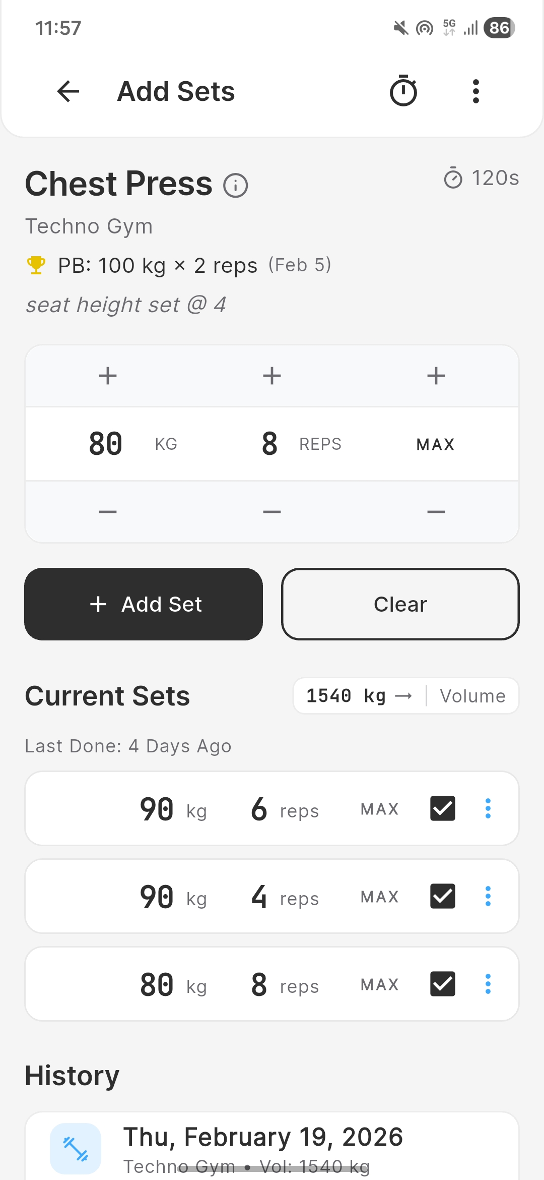 Chalk Add Sets screen for Chest Press showing weight and reps input, personal best, and current sets