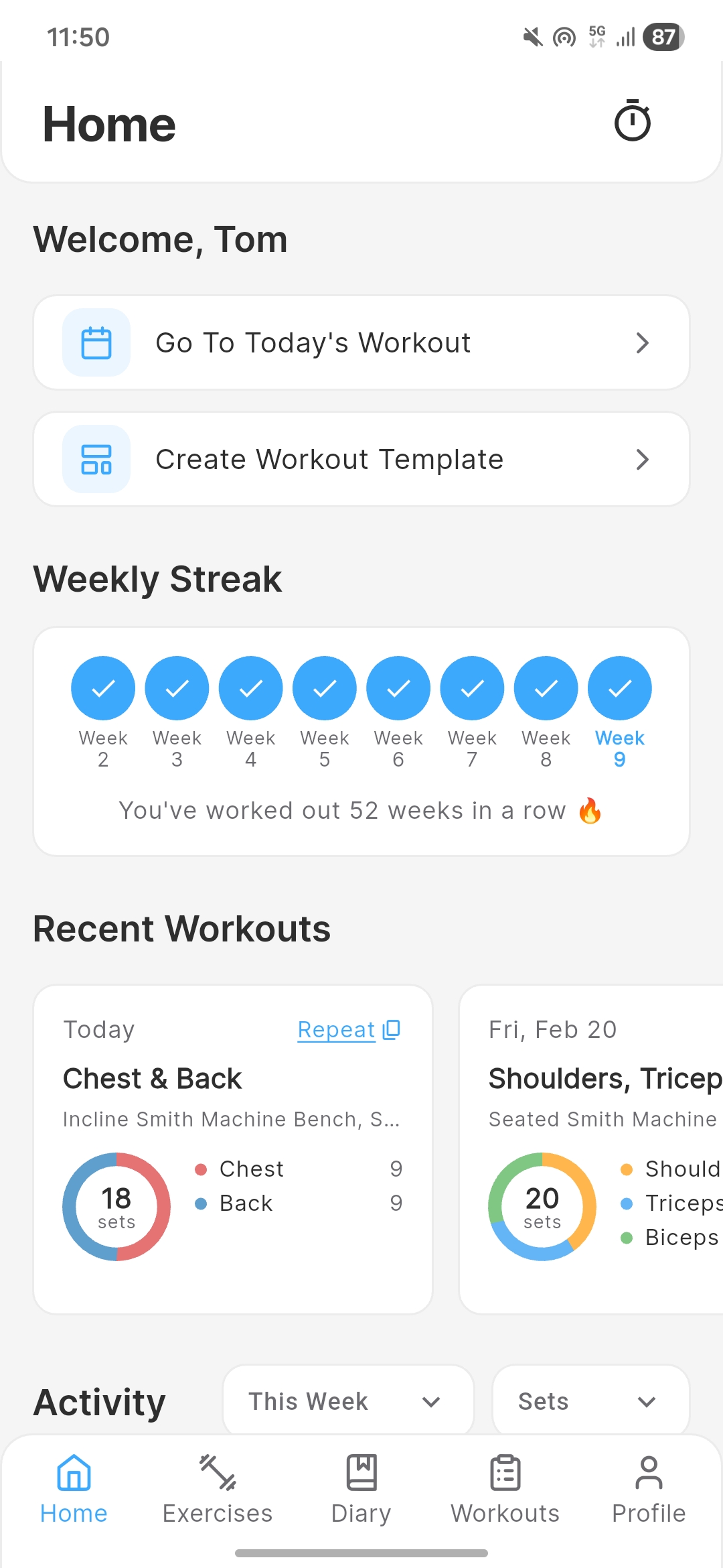 Chalk app dashboard showing weekly streak, recent workouts, and quick actions