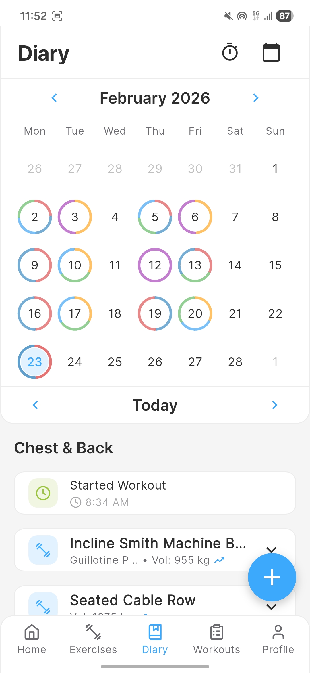 Chalk diary with February 2026 calendar showing color-coded workout indicators