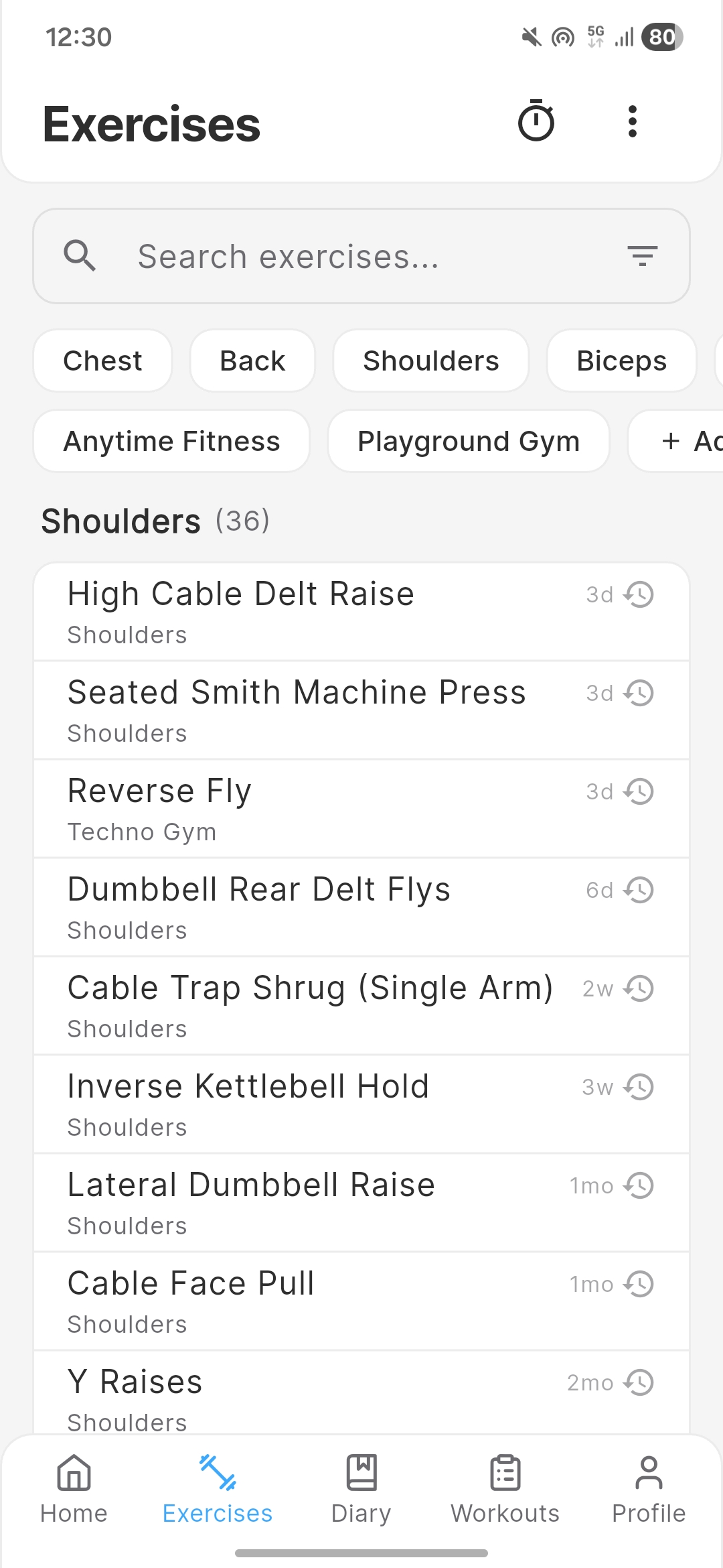 Chalk exercise library with search bar, category and label filters, and exercise list