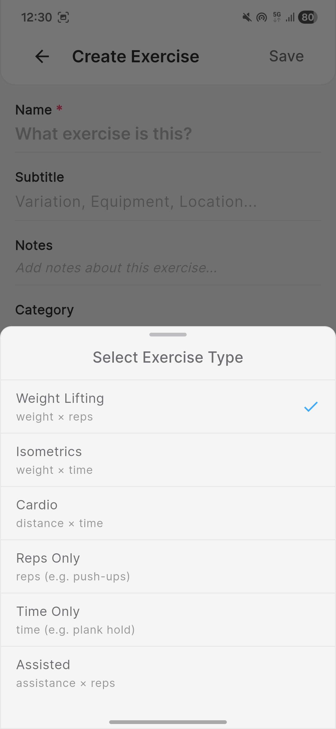 Chalk exercise type picker showing all six types: Weight Lifting, Isometrics, Cardio, Reps Only, Time Only, and Assisted