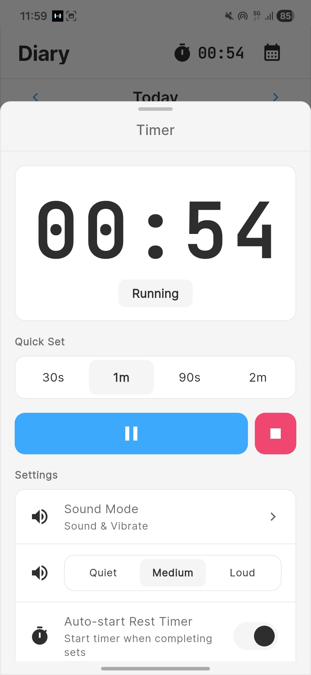 Chalk rest timer countdown with sound mode and auto-start settings