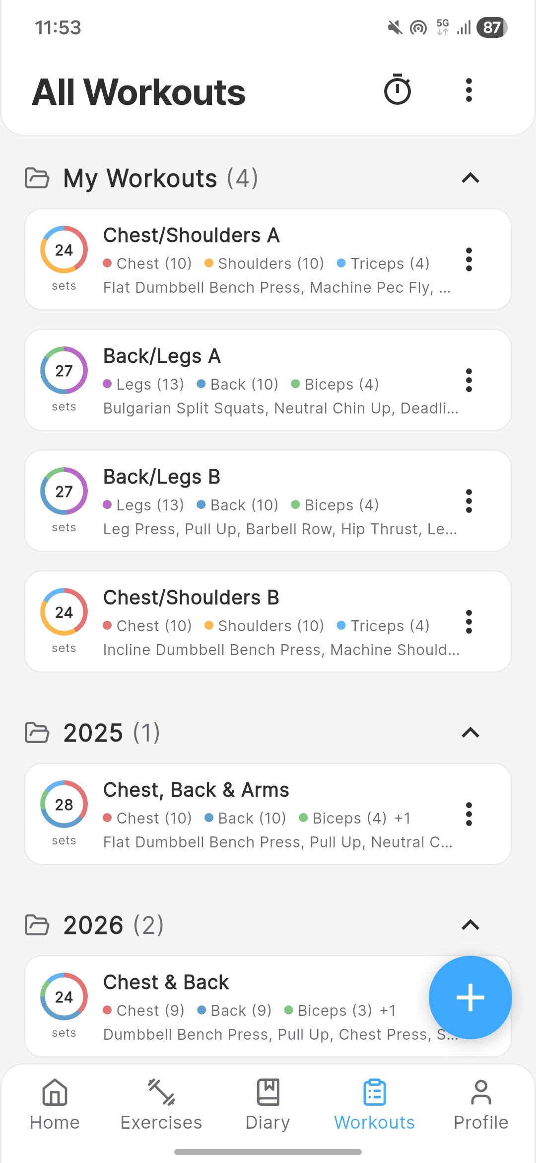 Chalk workout templates organized in folders with set counts and muscle group tags